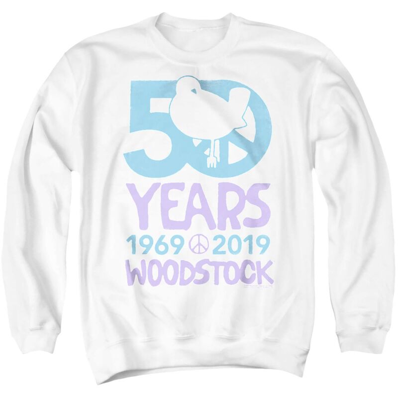 アニメ文字記号 メンズ トップス ティーシャツ 流汗 グラフィック Licensed Character Men\u0027s Woodstock 50 Graphic Sweatshirt White 白いこと Tシャツ・カットソー-トップス