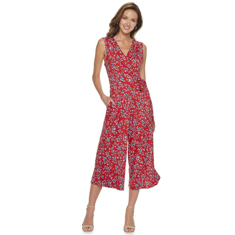 ニナレオナルド レディース トップス ワンピース プリント ジャンプスーツ Women's Nina Leonard Print Surplice Wide-Leg Jumpsuit Red Multi レッド