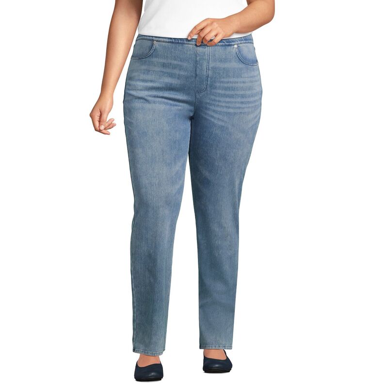 ランズエンド レディース ボトムス デニムパンツ プラスサイズ ニット ジーンズ Plusize Lands' End Starfish Mid-Rise Pull-On Knit Straight-Leg Jeans Light Brook|ReVida 店