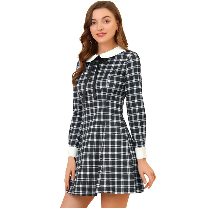 アレグラ ケー レディース トップス ワンピース A ライン コントラスト ALLEGRA K Women's Costume Contrast Peter Pan Collar Long Sleeve A-line Plaidress Black ブラック