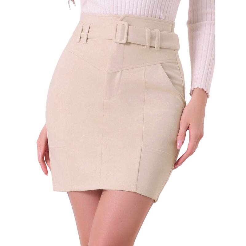 アレグラ ケー レディース ボトムスカート A ライン ハイウエスト ミニ スエード ALLEGRA K Faux Suede Skirt for Women's Casual High Waist Belted A-Line Mini Skirts Beige ベージュ