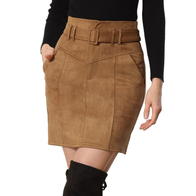 アレグラ ケー レディース ボトムスカート A ライン ハイウエスト ミニ スエード ALLEGRA K Faux Suede Skirt for Women's Casual High Waist Belted A-Line Mini Skirts Brown ブラウン
