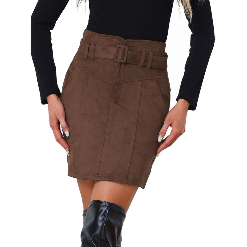アレグラ ケー レディース ボトムスカート A ライン ハイウエスト ミニ スエード ALLEGRA K Faux Suede Skirt for Women's Casual High Waist Belted A-Line Mini Skirts Dark Brown ブラウン