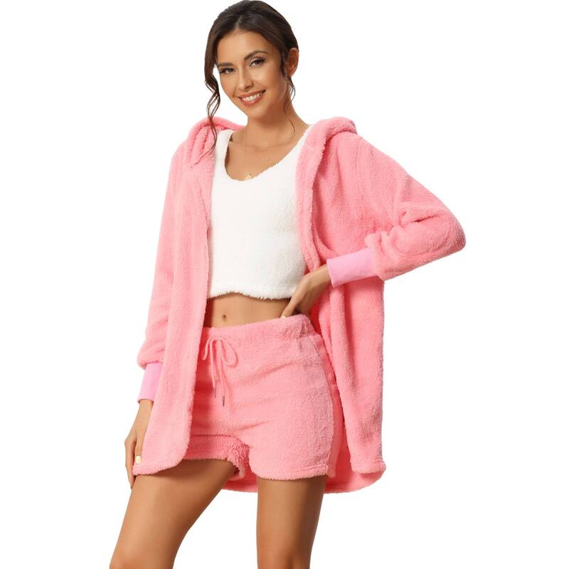 cheibear レディース アンダーウェア ナイトウェア ショートパンツ コート フリース ジャケット cheibear Womens Fuzzy Fleece 3 Piece Outfits Coat Jacket And Crop Top With Shorts Lounge Set Pink ピンク