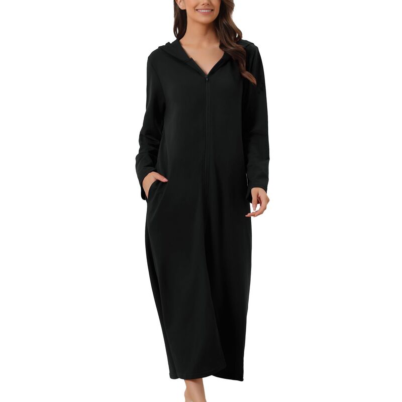 cheibear レディース アンダーウェア ナイトウェア シャツ パーカー cheibear Womens Hoodie Zip Up Closure Pajama Nightshirt Long Sleeve Robe Loungewear Black ブラック