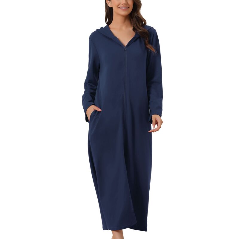 cheibear レディース アンダーウェア ナイトウェア シャツ パーカー cheibear Womens Hoodie Zip Up Closure Pajama Nightshirt Long Sleeve Robe Loungewear Navy Blue ネイビー