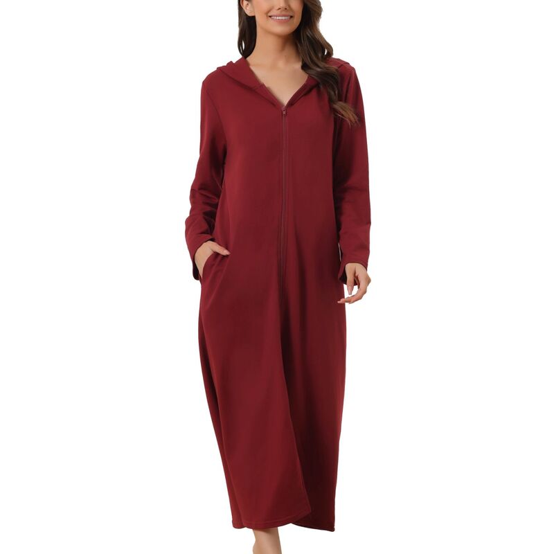 cheibear レディース アンダーウェア ナイトウェア シャツ パーカー cheibear Womens Hoodie Zip Up Closure Pajama Nightshirt Long Sleeve Robe Loungeweared レッド｜ReVida 店