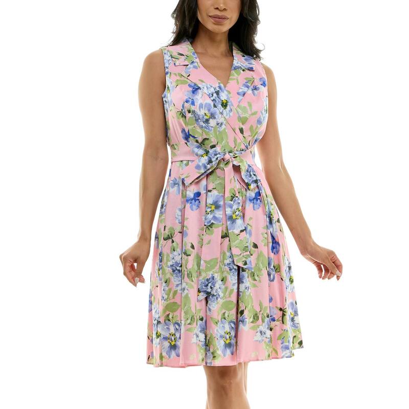 ニナレオナルド レディース トップス ワンピース フラワー柄 プリント ノースリーブ フラワー Women's Nina Leonard Floral Printie Waist Collared Sleeveless Fit & Flare Dress Pink Multi ピンク｜ReVida 店