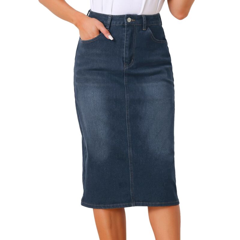 アレグラ ケー レディース ボトムスカート ハイウエスト ミディ デニム ALLEGRA K Casual Denim Skirt for Women High Waistretchy Midi Jean Skirts Black Blue ブラック