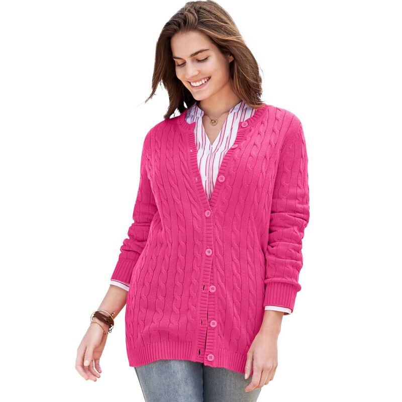 ウーマン ウィズイン レディース アウター ニット・セーター プラスサイズ コットン カーディガン Woman Within Plusize Cotton Cable Knit Cardigan Sweateraspberry Sorbet