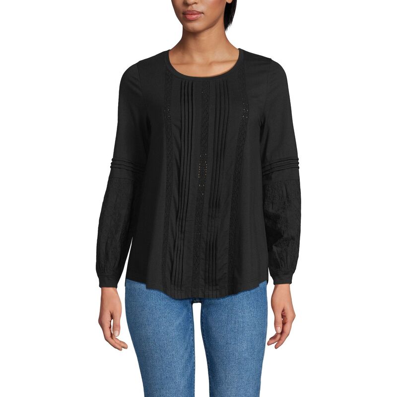 ランズエンド レディース トップス Tシャツ レース Women's Lands' End Long Sleeve Lace Mix Pintuck Top Black ブラック