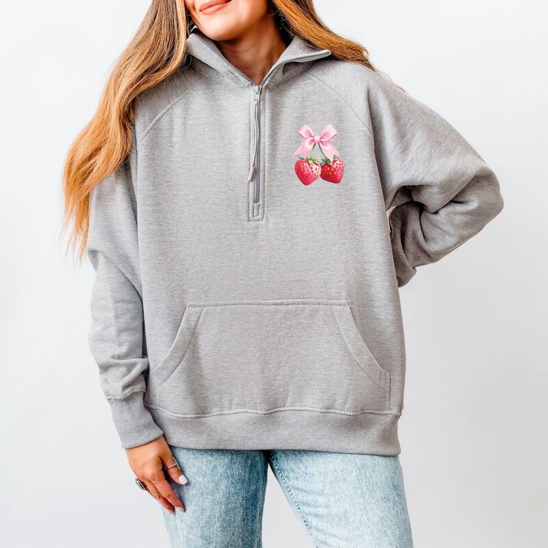 Simply Sage Market レディース トップス プルオーバー ハーフジップ フリース Simply Sage Market Coquette Strawberry Watercolor - Womens Quarter Zip Fleece Heather Grey 薄墨色