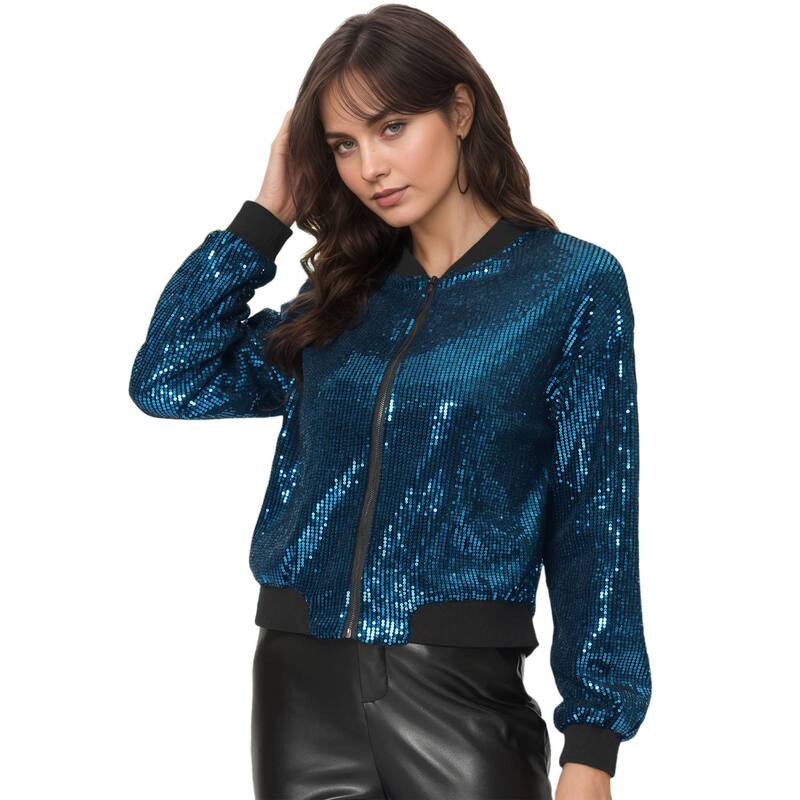 アレグラ ケー レディース アウター ジャケット・ブルゾン クロップド ALLEGRA K Women's Glitter Cropped Long Sleeve Zipper Bomber Jacket Blues