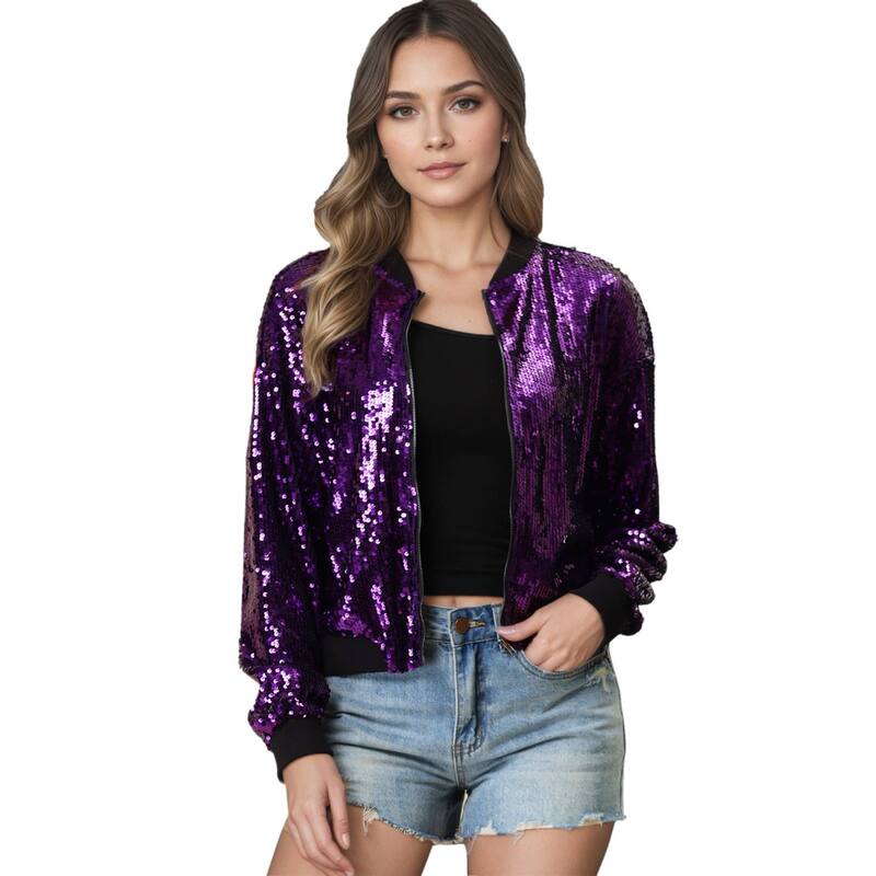 アレグラ ケー レディース アウター ジャケット・ブルゾン クロップド ALLEGRA K Women's Glitter Cropped Long Sleeve Zipper Bomber Jacket Purple パープル