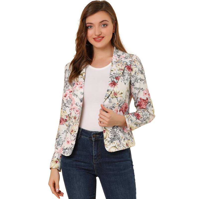 アレグラ ケー レディース アウター ジャケット・ブルゾン ブレザー ALLEGRA K Women's Allover Long Sleeve Notched Lapel Open Front Blazer Beige Floral ベージュ｜ReVida 店