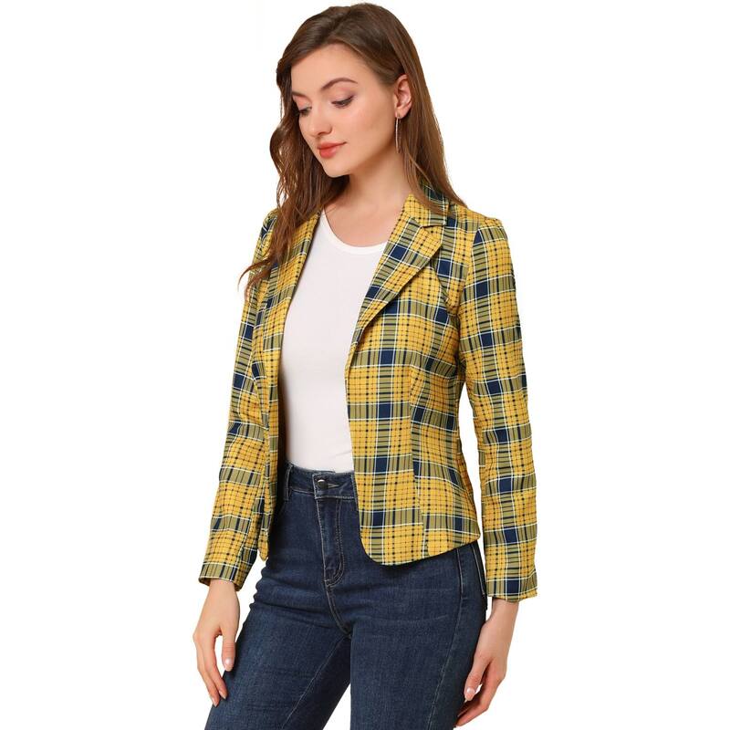 アレグラ ケー レディース アウター 上衣・上衣 スポーツジャケット ALLEGRA K Women\u0027s Allover Long Sleeve Notched Lapel Open Front Blazer Yellow Plaid 黄み コート・ジャケット-レディースファッション