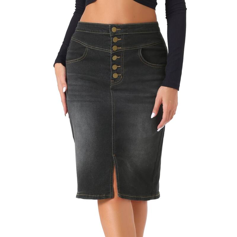 アレグラ ケー レディース ボトムスカート A ライン ハイウエスト フロントスリット デニム ALLEGRA K Women's Casual Jean Skirt High Waist Front Slit Stretch A-line Denim Skirts Black ブラック｜ReVida 店