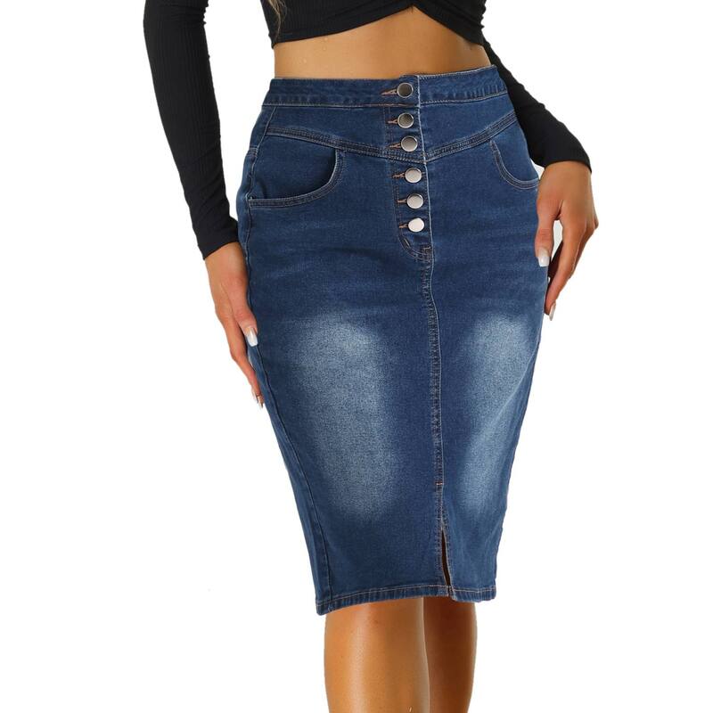 アレグラ ケー レディース ボトムスカート A ライン ハイウエスト フロントスリット デニム ALLEGRA K Women's Casual Jean Skirt High Waist Front Slit Stretch A-line Denim Skirts Dark Blue ブルー｜ReVida 店
