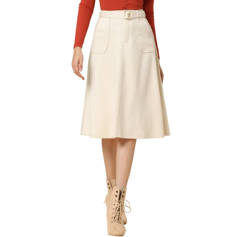 アレグラ ケー レディース ボトムスカート A ライン ミディ スエード ALLEGRA K Women's Casual Stretchy Faux Suede Pockets A-Line Midi Skirt with Belt Apricot アプリコット