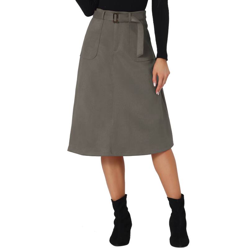 アレグラ ケー レディース ボトムスカート A ライン ミディ スエード ALLEGRA K Women's Casual Stretchy Faux Suede Pockets A-Line Midi Skirt with Belt Dark Grey グレー