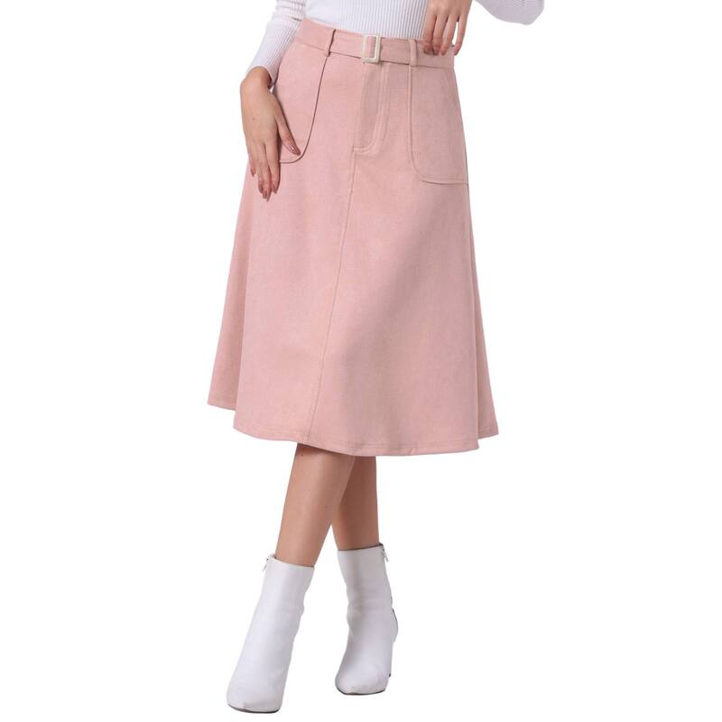 アレグラ ケー レディース ボトムスカート A ライン ミディ スエード ALLEGRA K Women's Casual Stretchy Faux Suede Pockets A-Line Midi Skirt with Belt Pink ピンク