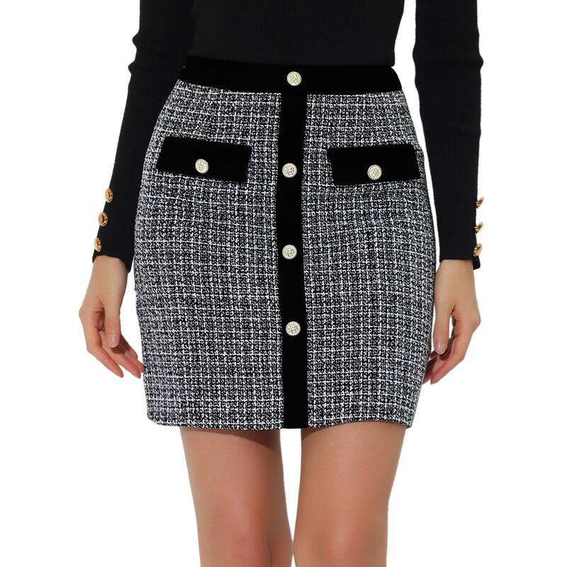 アレグラ ケー レディース ボトムスカート ハイウエスト ミニ ツイード コントラスト ALLEGRA K Women's Plaid Tweed Contrast Color Button Decor High Waist Mini Skirt Black ブラック