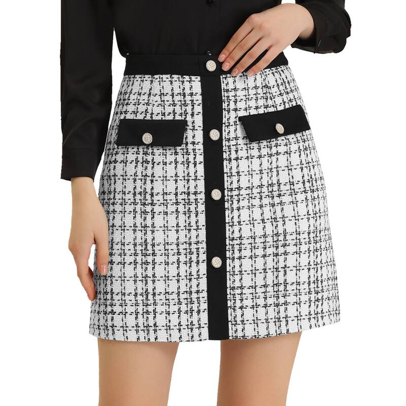 アレグラ ケー レディース ボトムスカート ハイウエスト ミニ ツイード コントラスト ALLEGRA K Women's Plaid Tweed Contrast Color Button Decor High Waist Mini Skirt White ホワイト