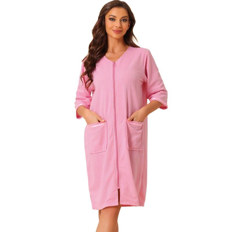 cheibear レディース アンダーウェア ナイトウェア cheibear Women's Waffle Pajama 3/4 Sleevespa Bathrobe Loungewear Zipper Up Robes Pink ピンク｜ReVida 店