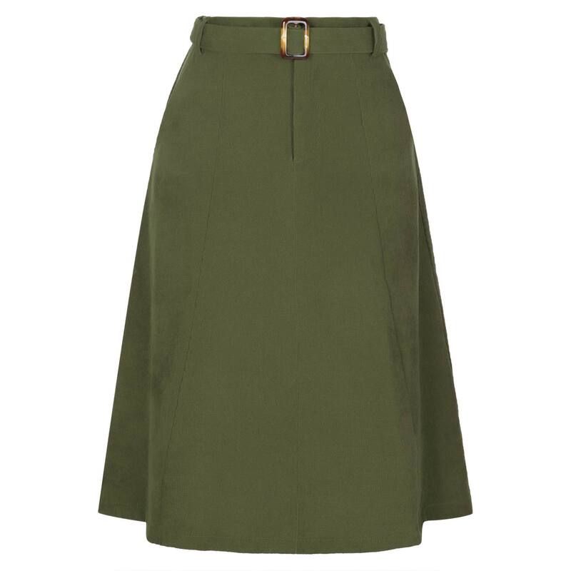 アレグラ ケー レディース ボトムスカート コーデュロイ A ライン ハイウエスト ミディ ALLEGRA K Women's High Waist Elastic Back A-Line Belted Midi Corduroy Skirt with Pockets Army Green グリーン｜ReVida 店