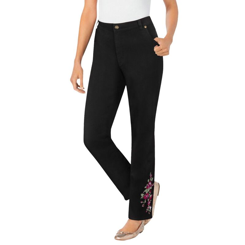 ウーマン ウィズイン レディース ボトムス デニムパンツ プラスサイズ トール ジーンズ Woman Within Plusize Tall Straight-Leg Stretch Denim Five-Pocket Jeans Black Bloom Embroidery ブラック