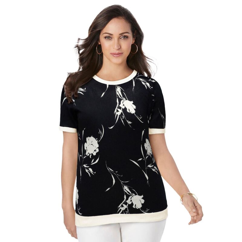 ジェシカロンドン レディース アウター ニット・セーター クルーネック プラスサイズ Jessica London Women's Plusize Fine Gauge Crewneck Shell Ivory Bold Rose アイボリー