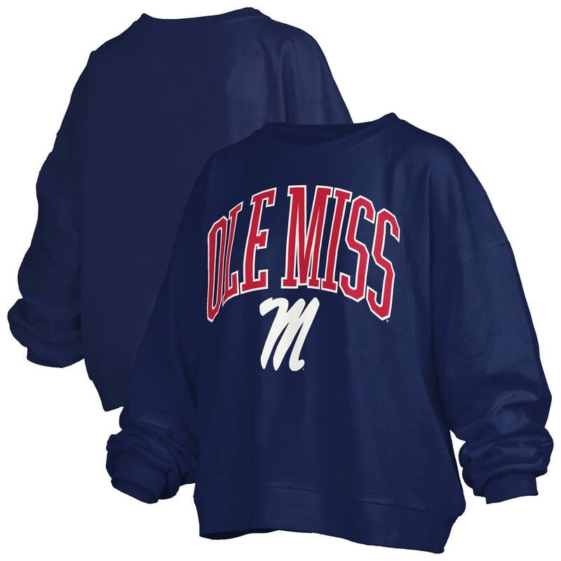 プレスボックス レディース トップス Tシャツ スウェット ロゴ Women's Pressbox Navy Ole Miss Rebels Janise Arch Over Logo Waist Length Oversized Pullover Sweatshirt Ole Navy ネイビー