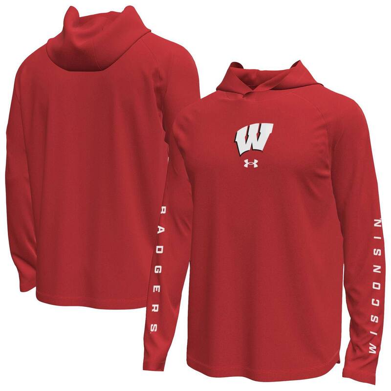 アンダーアーマー メンズ トップス プルオーバー 長袖 Men\u0027s Under Armoured Wisconsin Badgers Tech Stretch Long-Sleeve Hooded T-Shirt Wis Red 赤いこと