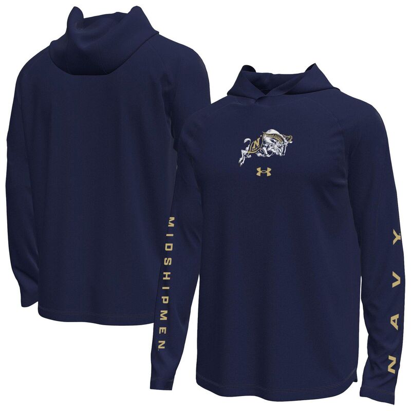 アンダーアーマー メンズ トップス プルオーバー 長袖 Men\u0027s Under Armour Navy Midshipmen Tech Stretch Long-Sleeve Hooded T-Shirt Nvy Navy 米国海軍