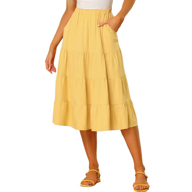 アレグラ ケー レディース ボトムスカート ティアード A ライン ミディ ALLEGRA K Women's A-line Tiered Pockets Midi Long Skirt Yellow イエロー｜ReVida 店