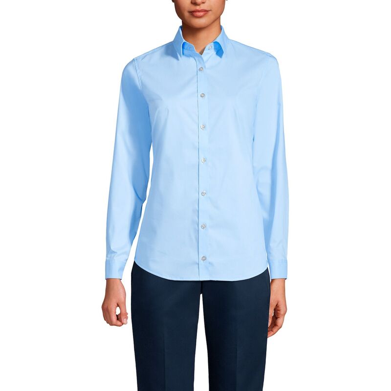 ランズ挙げ句の果て レディース トップス プルオーバー Women\u0027s Lands\u0027 End School Uniform No Gape Long Sleeve Collared Stretch Shirt Light Sea Blue 青み