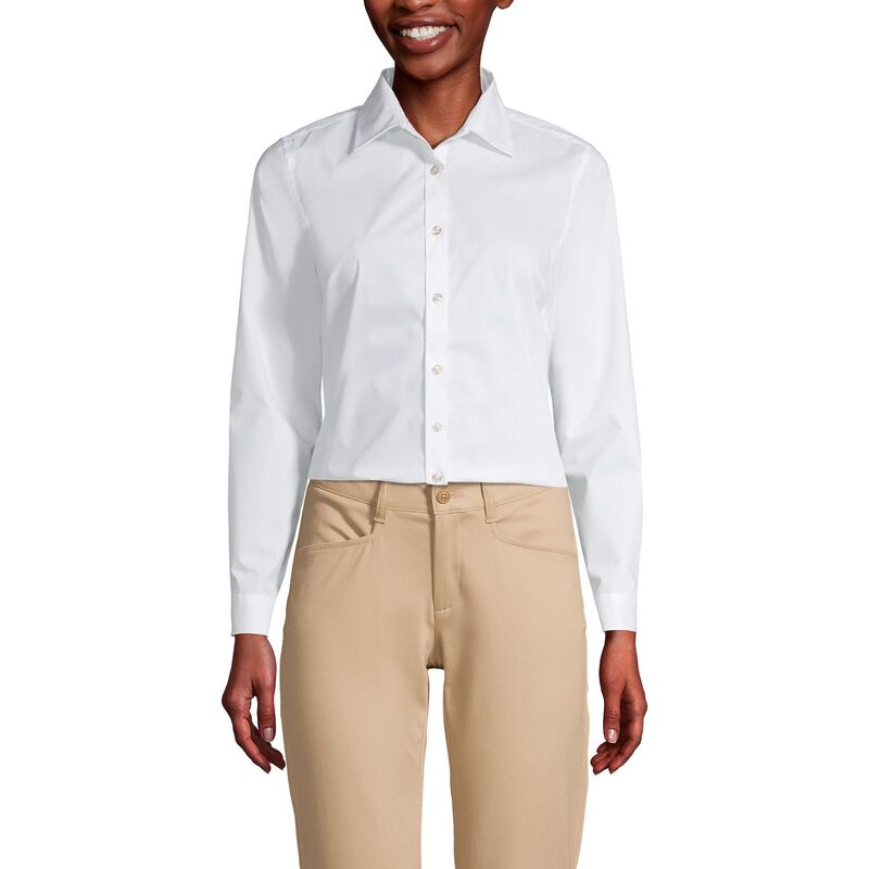 ランズ挙げ句の果て レディース トップス プルオーバー Women\u0027s Lands\u0027 End School Uniform No Gape Long Sleeve Collared Stretch Shirt Pearl White 白いこと