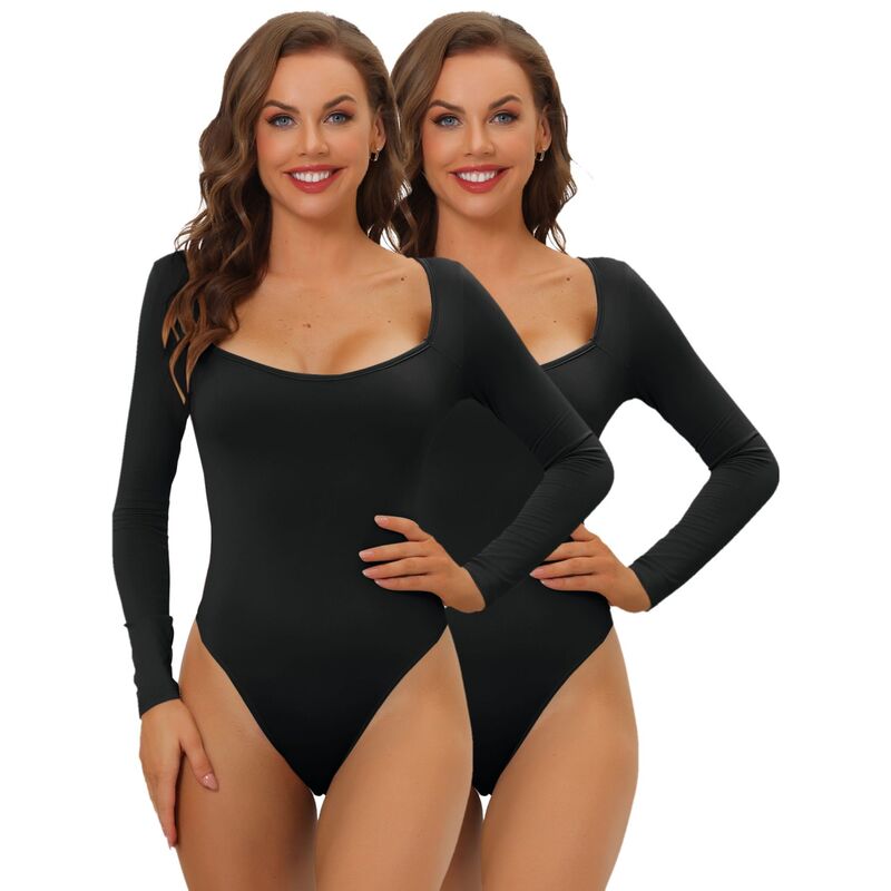 アレグラ ケー レディース トップス シャツ スリムフィット ボディースーツ ジャンプスーツ ALLEGRA K 2 Packs Women's Long Sleeve Bodysuit Shapewear Slim Fit Stretchy Square Neck Leotard Jumpsuitops Black ブラック|ReVida 店