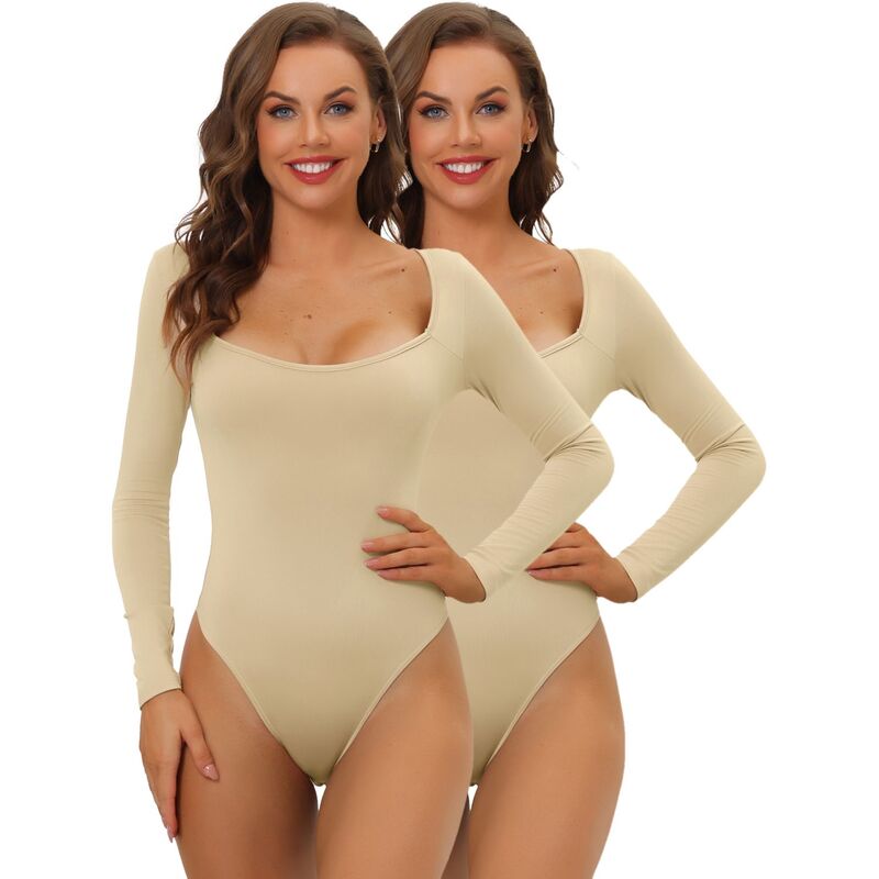 アレグラ ケー レディース トップス シャツ スリムフィット ボディースーツ ジャンプスーツ ALLEGRA K 2 Packs Women's Long Sleeve Bodysuit Shapewear Slim Fit Stretchy Square Neck Leotard Jumpsuitops Khaki カーキ