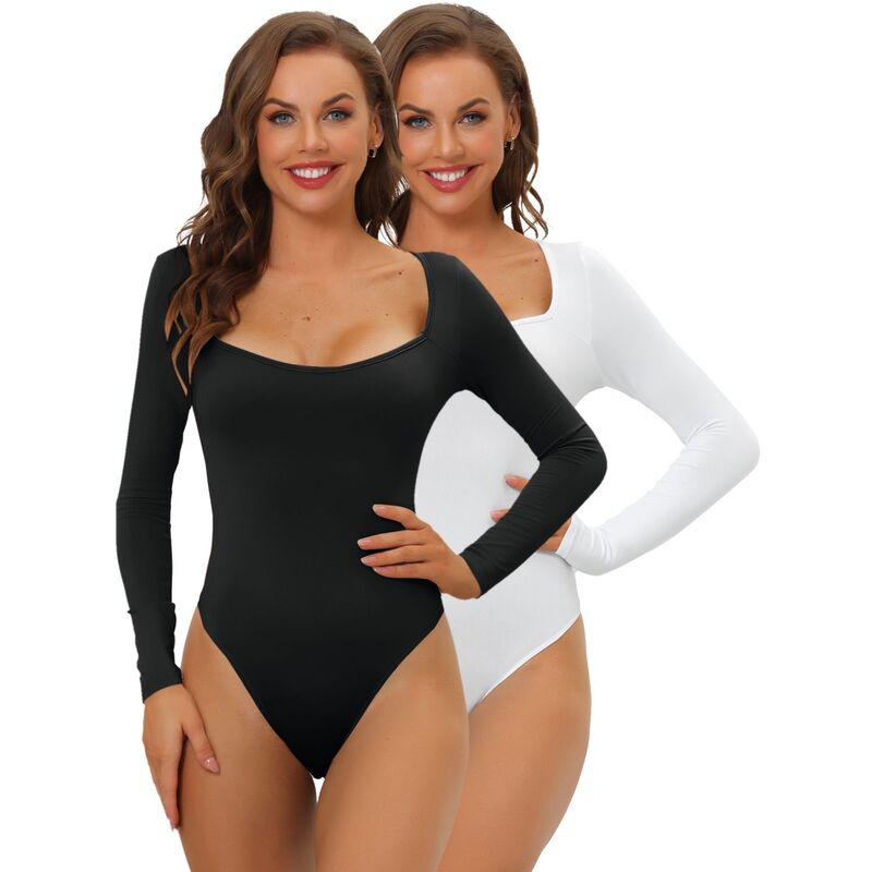 アレグラ ケー レディース トップス シャツ スリムフィット ボディースーツ ジャンプスーツ ALLEGRA K 2 Packs Women's Long Sleeve Bodysuit Shapewear Slim Fit Stretchy Square Neck Leotard Jumpsuitops White Black ホワイト|ReVida 店