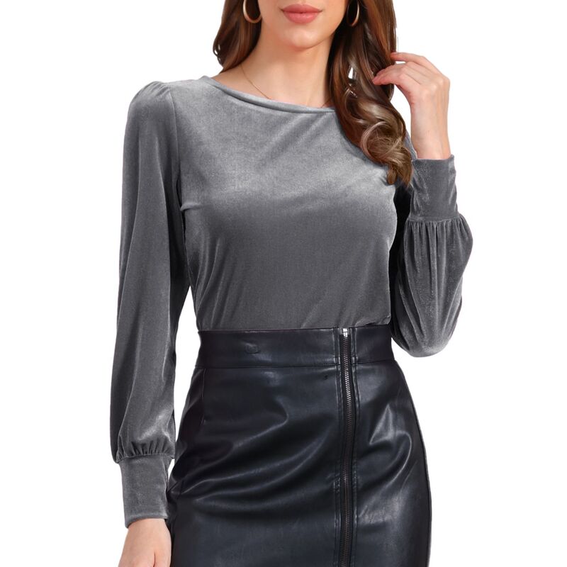 アレグラ ケー レディース トップス シャツ ベルベット ブラウス ALLEGRA K Winter Velvet Blouse for Women's Round Neck Puffy Long Sleeve Casual Pullover Blouses Top Grey グレー