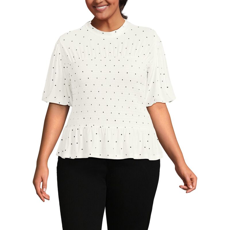ランズエンド レディース トップス Tシャツ モックネック プラスサイズ シルク シャーリング ニット Plusize Lands' End Short Sleeve Silknit Bubble Sleeve Smocked Mock Neck Top Ivory Black Dot アイボリー