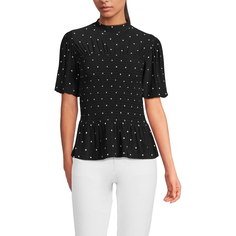 ランズエンド レディース トップス Tシャツ モックネック シルク シャーリング ニット Women's Lands' End Short Sleeve Silknit Bubble Sleeve Smocked Mock Neck Top Black Ivory Dot アイボリー