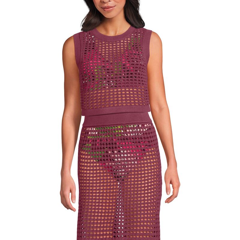 ランズエンド レディース トップス Tシャツ ノースリーブ ニット Women's Lands' End Open Knit Sleeveless Top Cover Up Burgundy Spritz バーガンディ｜ReVida 店