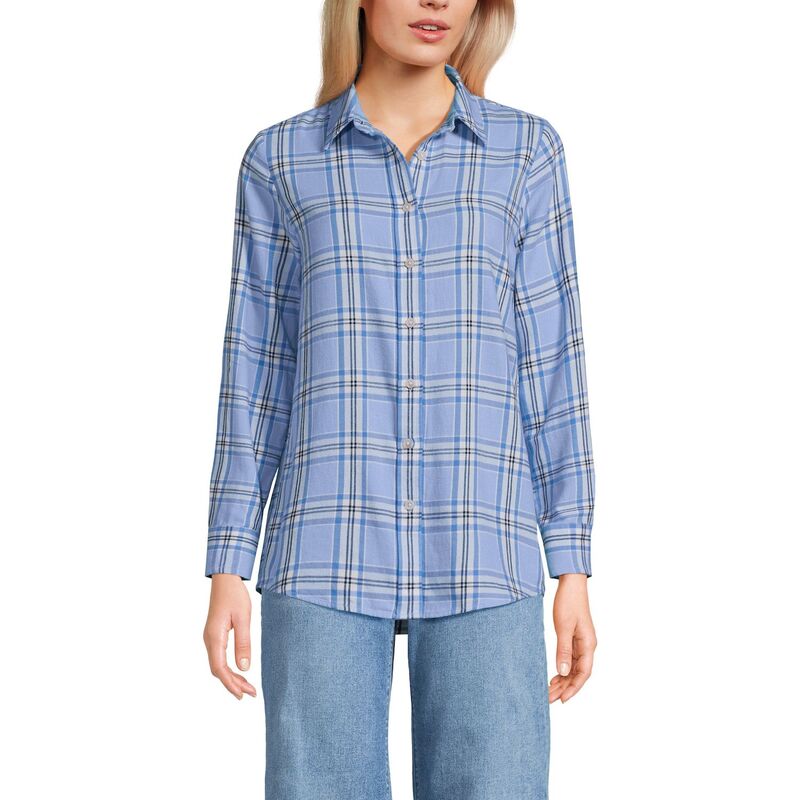 ランズエンド レディース トップス シャツ Women's Lands' End Flannel Boyfriend Shirt Sea Spray Blue Plaid ブルー｜ReVida 店