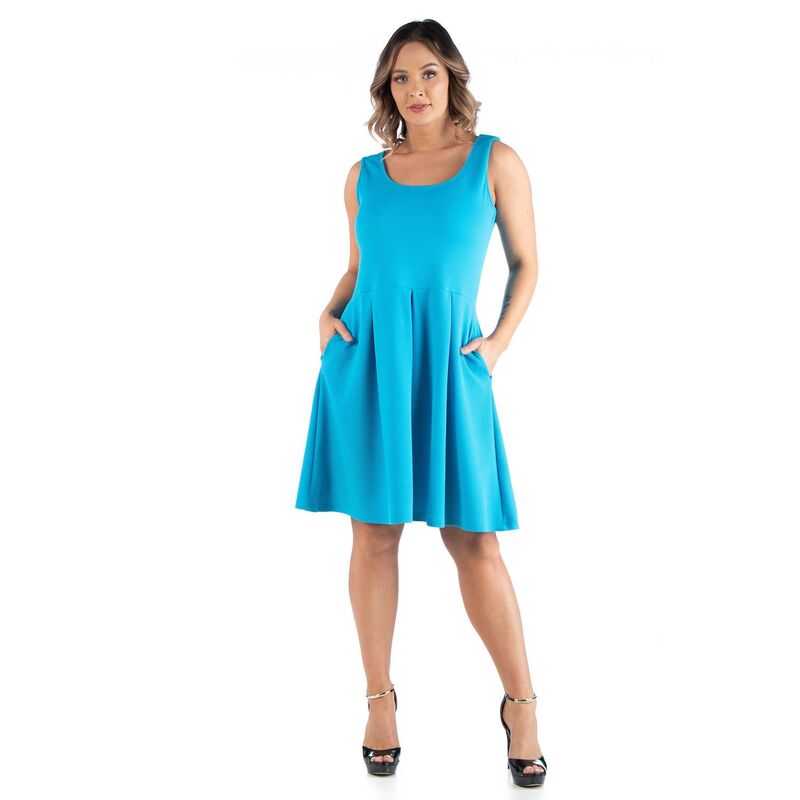 24 セブンコンフォート レディース トップス ワンピース プラスサイズ ノースリーブ Plusize 24seven Comfort Apparel Sleeveless Fit and Flare Dress with Pockets Turquoise ターコイズ｜ReVida 店