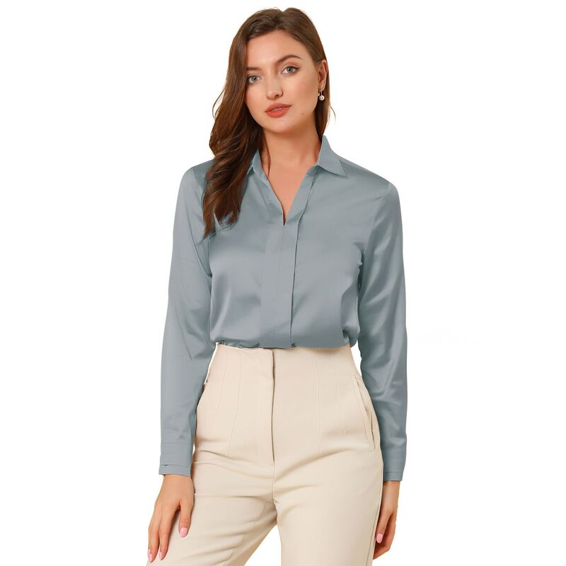 アレグラ ケー レディース トップス シャツ Vネック サテン ブラウス ALLEGRA K Women's Elegant Solid V Neck Smooth Satin Long Sleeve Blouse Dusty Blue ブルー