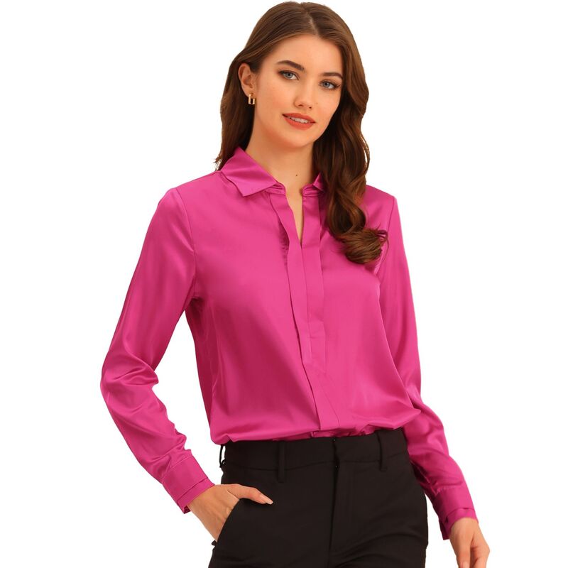 アレグラ ケー レディース トップス シャツ Vネック サテン ブラウス ALLEGRA K Women's Elegant Solid V Neck Smooth Satin Long Sleeve Blouse Hot Pink ピンク