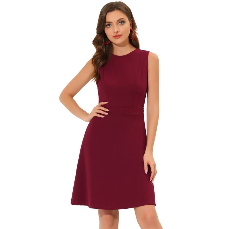 アレグラ ケー レディース トップス ワンピース A ライン ノースリーブ ALLEGRA K Women's Work Solid Color Sleeveless A-line Flaredresses Burgundy バーガンディ|ReVida 店