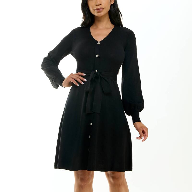 ニナレオナルド レディース トップス ワンピース バルーンスリーブ ミディ セーター Women Nina Leonard Balloon Sleeve Midi Sweater Dress Black ブラック